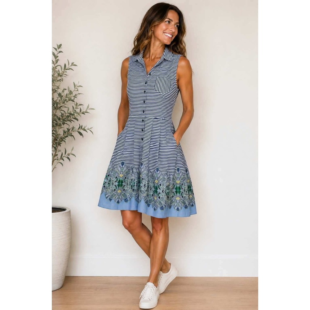 Tommy Hilfiger Womens XL Striped Sleeveless Shirt Dress Paisley Border Navy